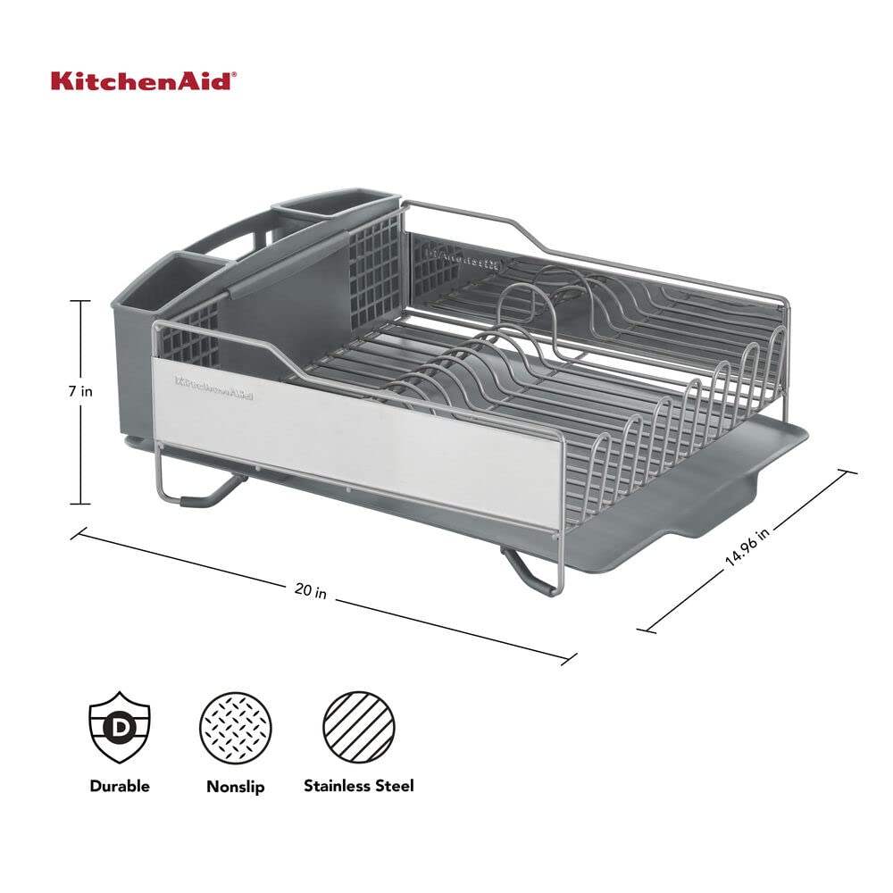 KitchenAid Large Capacity Dish Rack with Drain Board & Flatware Caddy, Light Grey