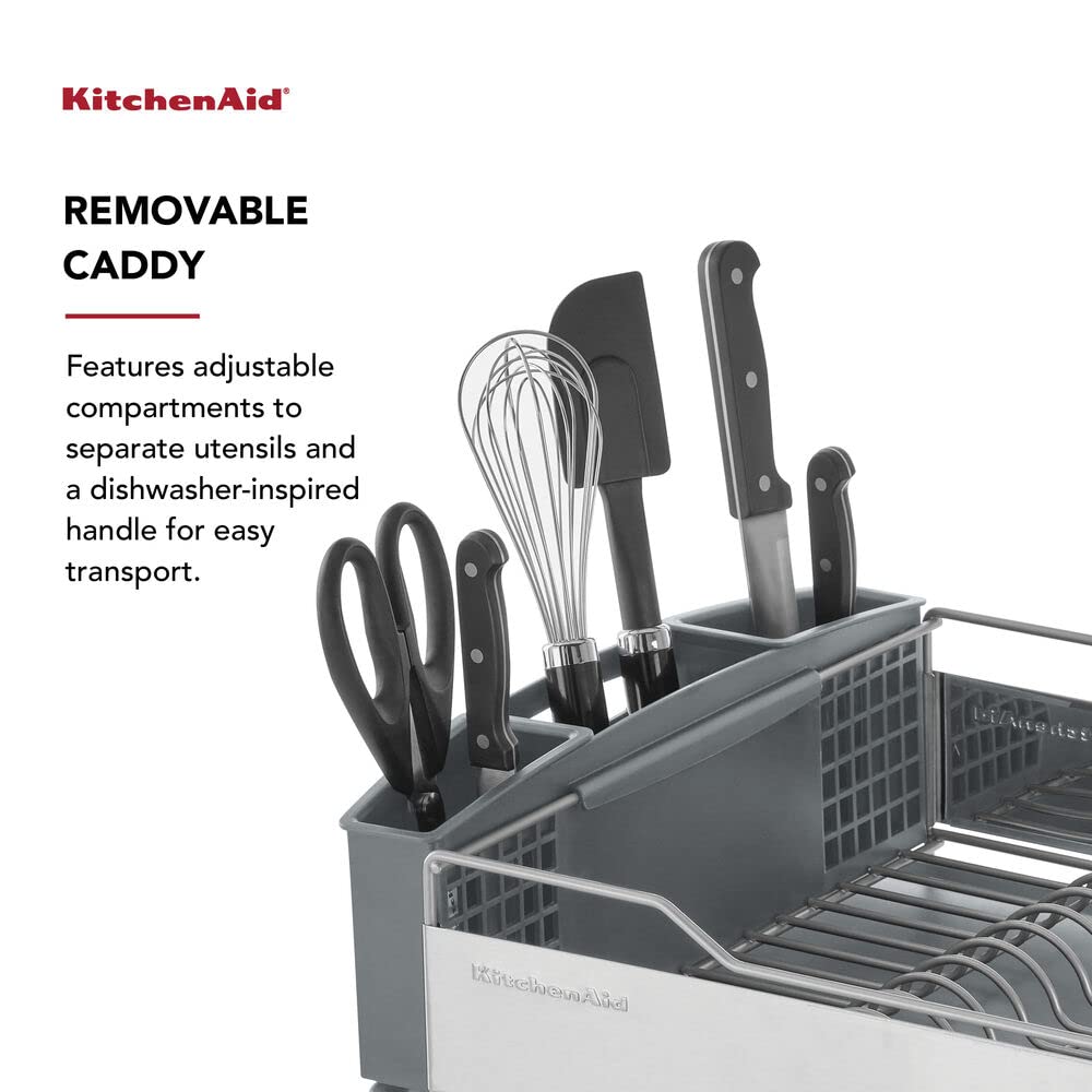 KitchenAid Large Capacity Dish Rack with Drain Board & Flatware Caddy, Light Grey