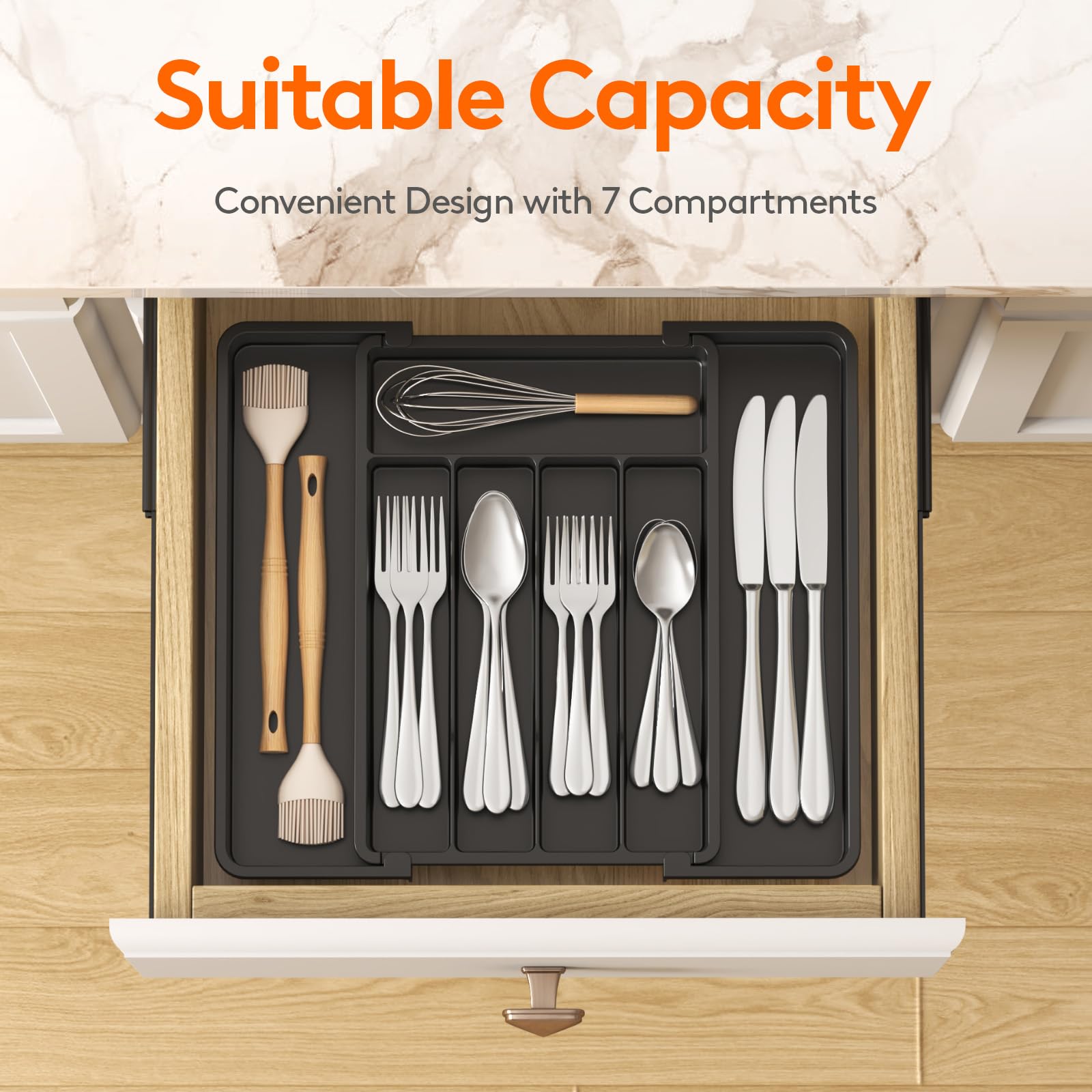 Lifewit Expandable Silverware Organizer, BPA-Free Kitchen Drawer Utensil Tray, Black