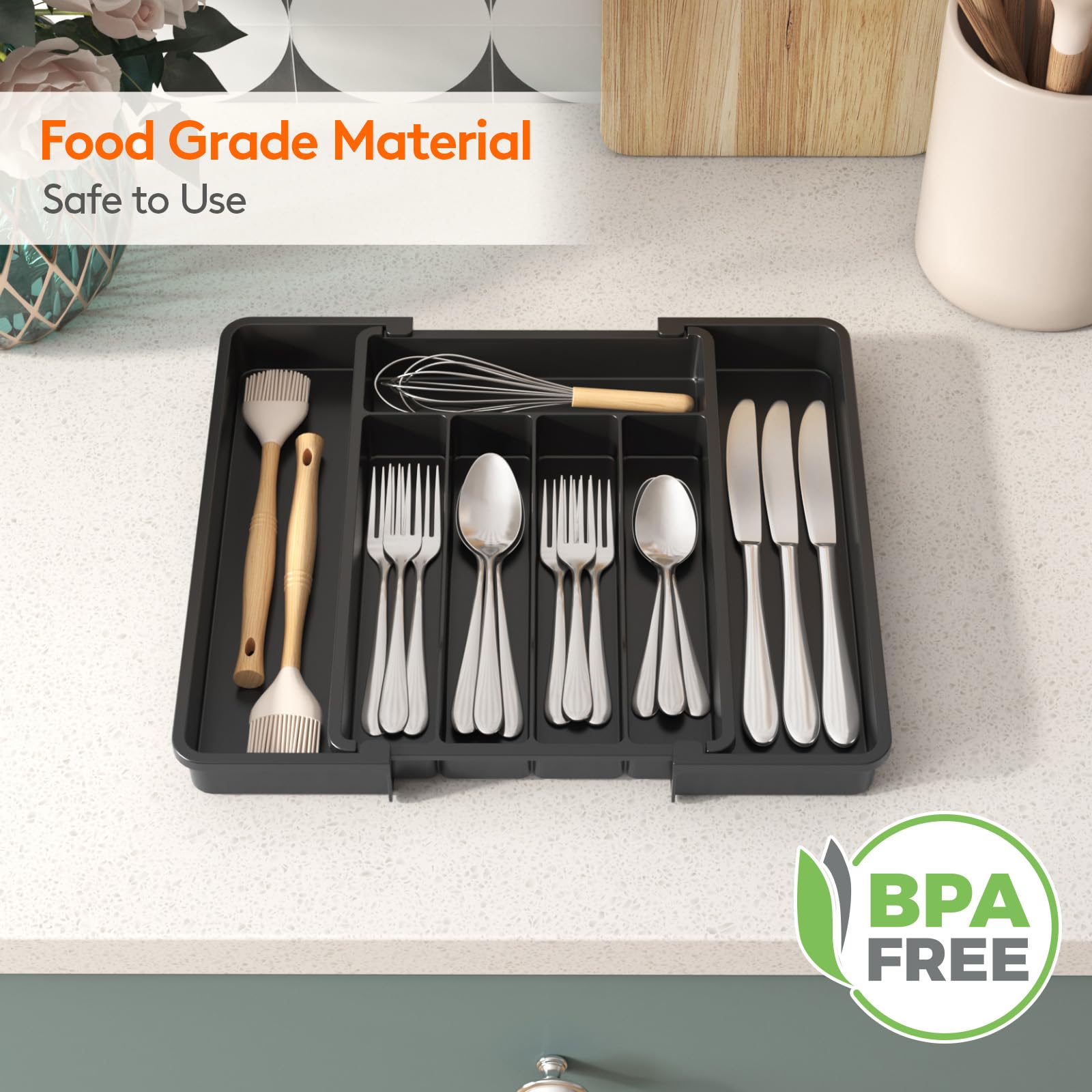 Lifewit Expandable Silverware Organizer, BPA-Free Kitchen Drawer Utensil Tray, Black