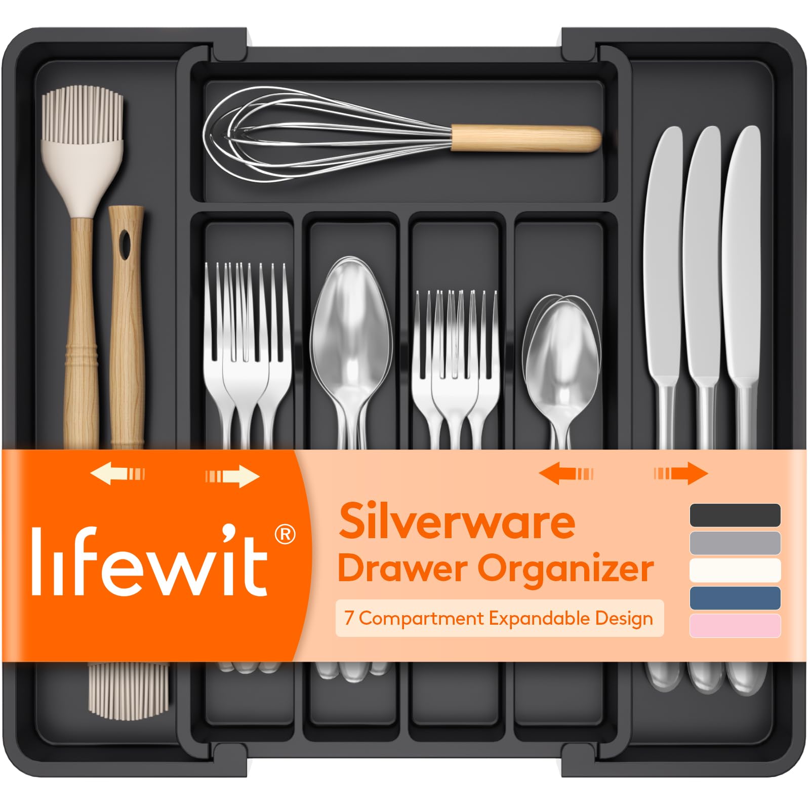 Lifewit Expandable Silverware Organizer, BPA-Free Kitchen Drawer Utensil Tray, Black