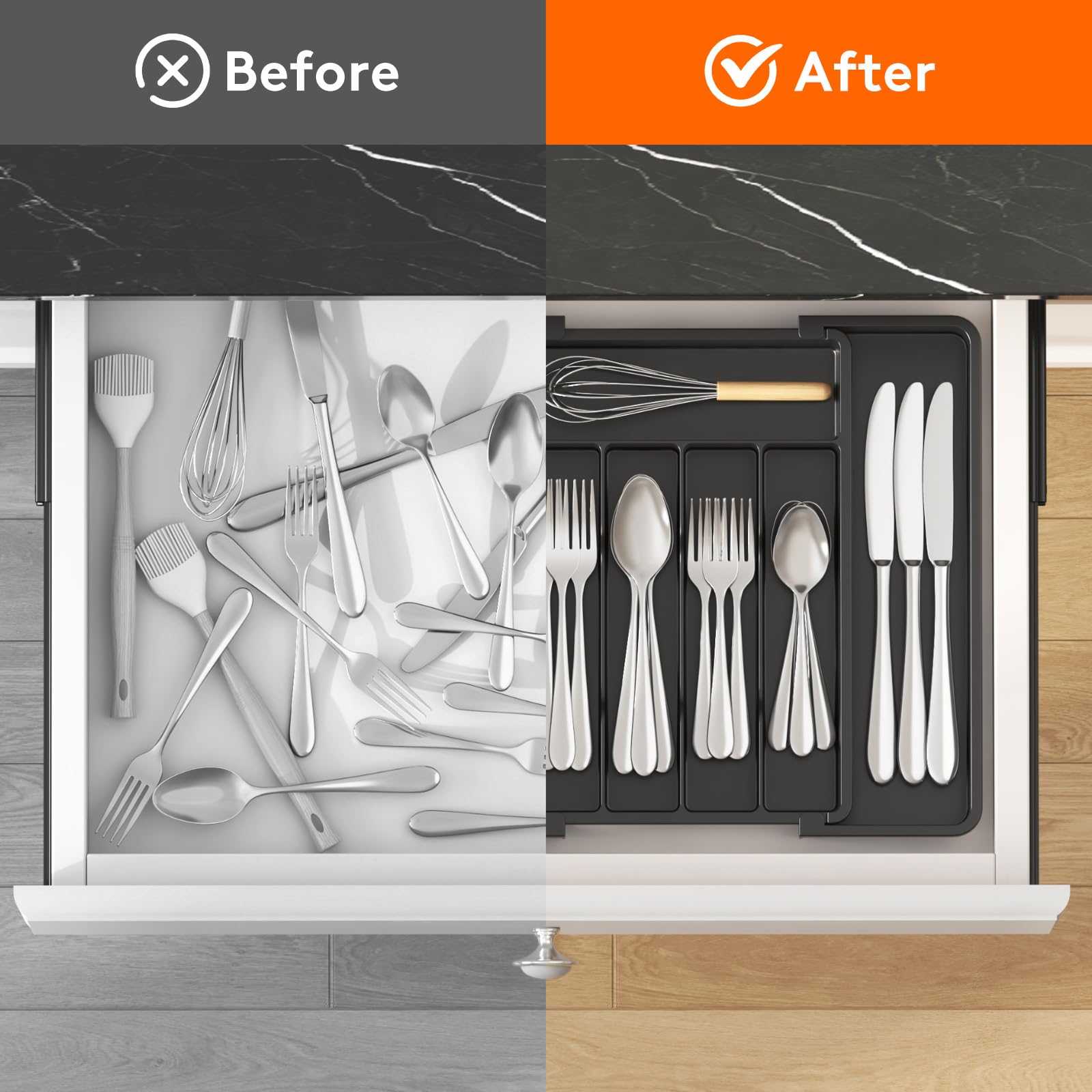 Lifewit Expandable Silverware Organizer, BPA-Free Kitchen Drawer Utensil Tray, Black