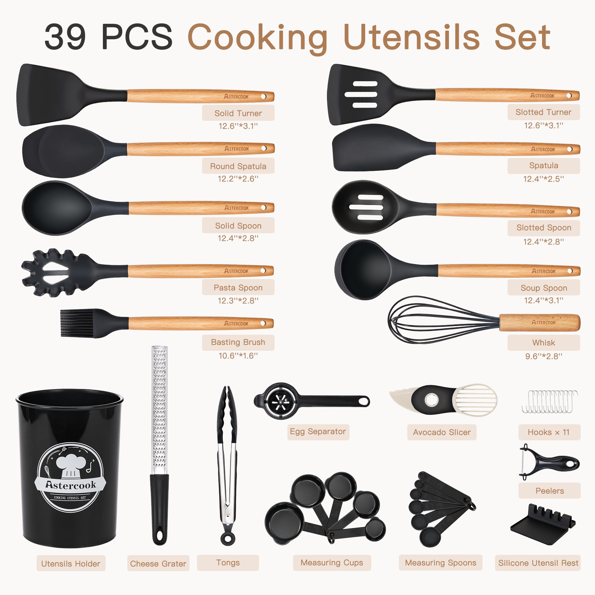 Astercook Silicone Kitchen Utensil Set, 39 Pieces, BPA-Free