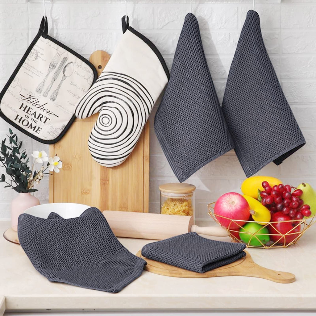 Homaxy Cotton Kitchen Dish Cloths, Waffle Weave, 6-Pack, Dark Grey